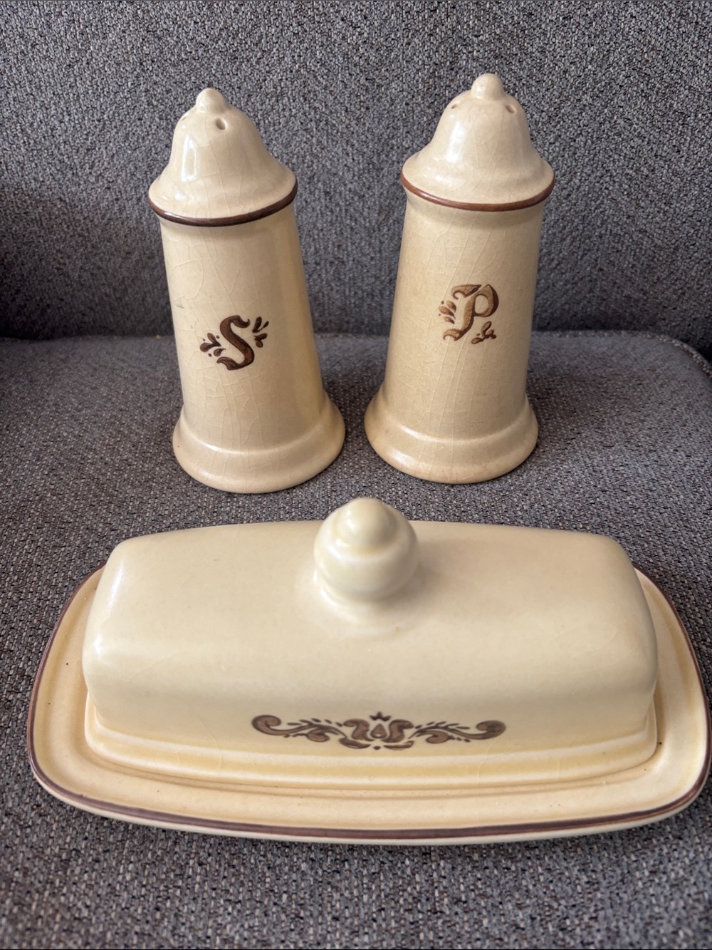 Pfaltzgraff Cream and Brown Butter Dish with Salt & Pepper Shakers